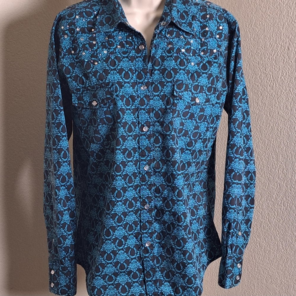 Cowgirl Hardware Paisley Horseshoe Western Shirt Blue Black Pearl Snap Small